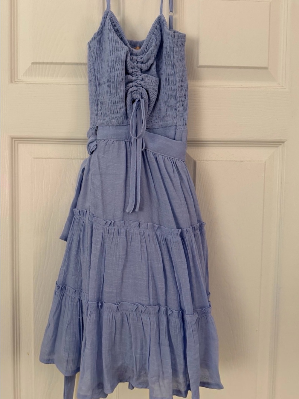 NWT Sage + Paige Light Blue Smocked Tiered Casual Dress with Tie Detail wrap